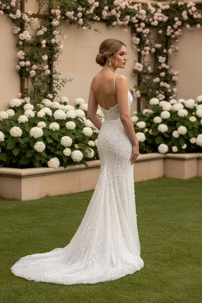 Trumpet Spaghetti Straps Beading Floral Wedding Dress with Tulle Overskrit