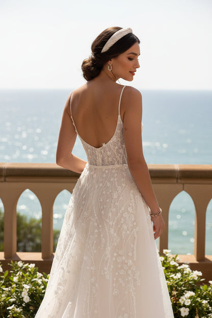 Trumpet Spaghetti Straps Beading Floral Wedding Dress with Tulle Overskrit