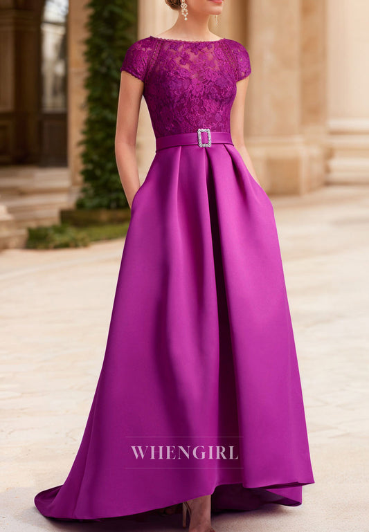 Elegant Purple A-Line Bateau Neck Cap Sleeves Belt High Low Mother of the Bride Dress