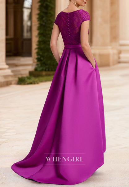 Elegant Purple A-Line Bateau Neck Cap Sleeves Belt High Low Mother of the Bride Dress