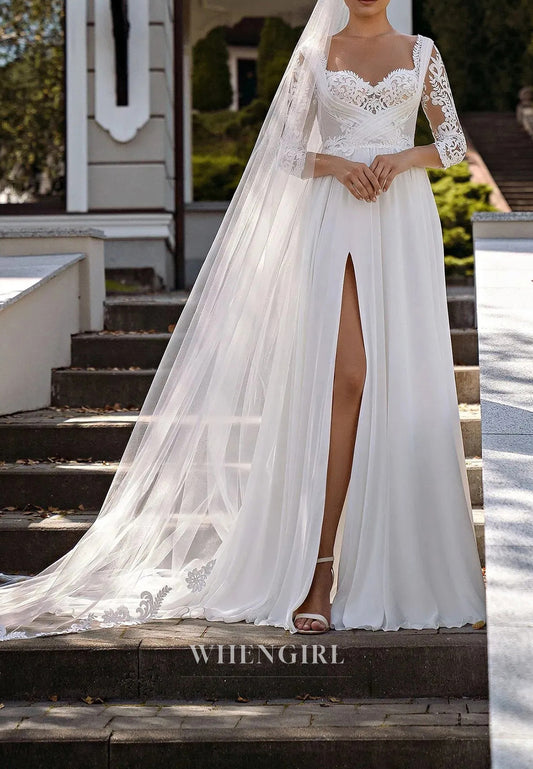 A-Line Appliqued Lace Sweetheart Side Slit Chiffon 3/4 Sleeve Beach Wedding Dress with Sweep Train