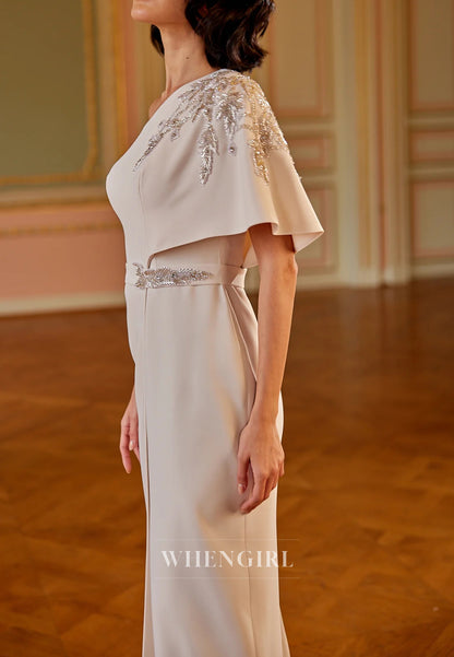 Beige One Shoulder Beaded Floor Length Sheath Mother Of the Bride Dress
