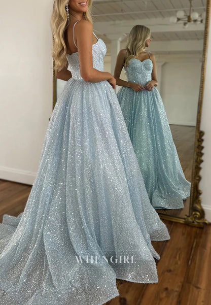 Light Blue A-Line Glitter Sweep Train Gown with Spaghetti Straps Prom Dress
