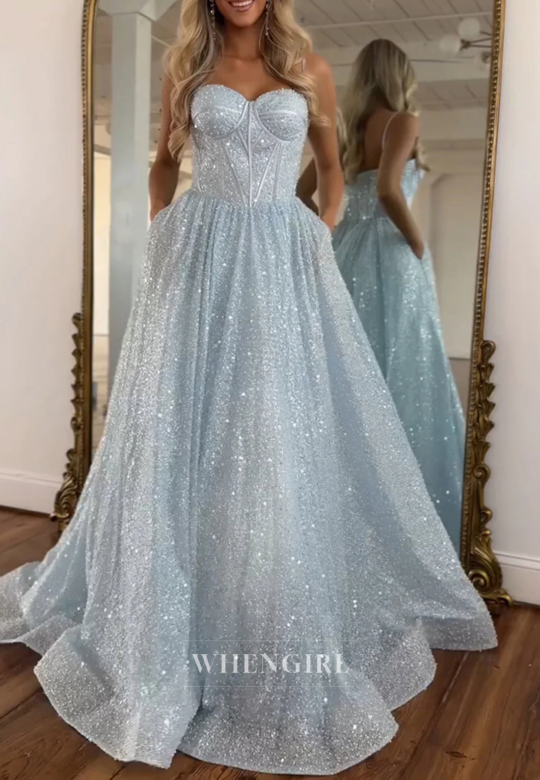 Light Blue A-Line Glitter Sweep Train Gown with Spaghetti Straps Prom Dress