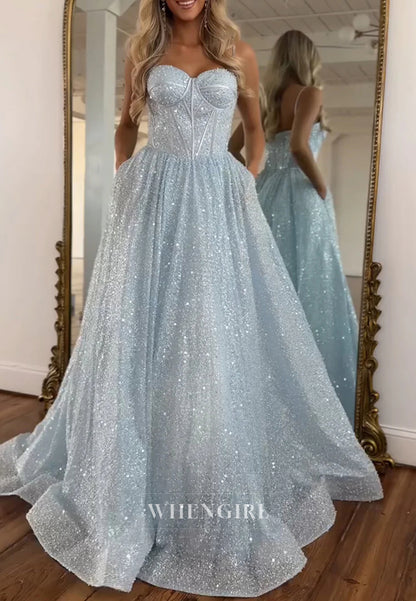 Light Blue A-Line Glitter Sweep Train Gown with Spaghetti Straps Prom Dress