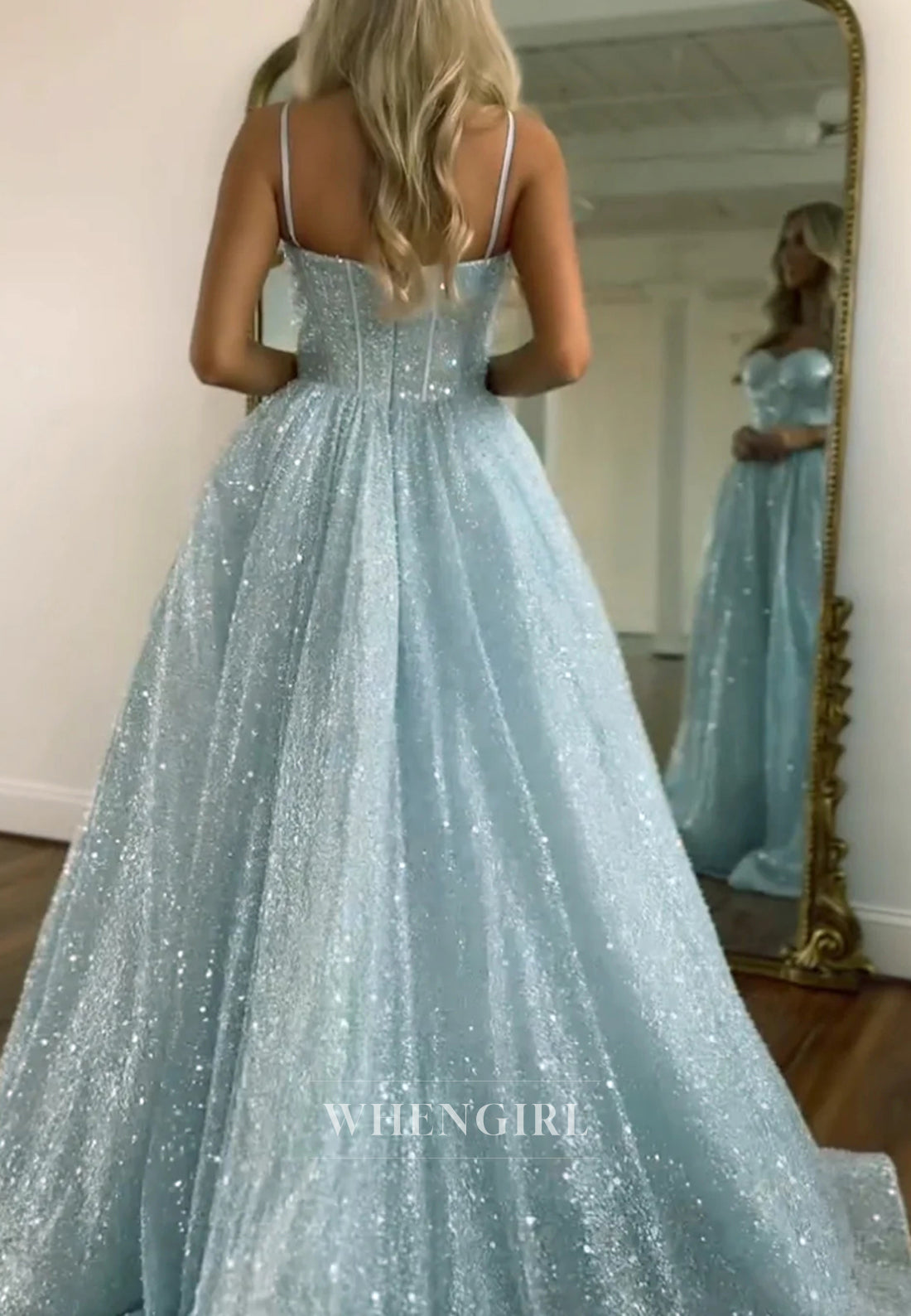Light Blue A-Line Glitter Sweep Train Gown with Spaghetti Straps Prom Dress