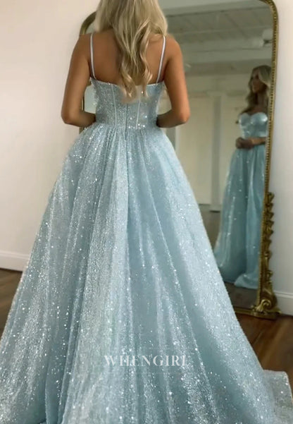 Light Blue A-Line Glitter Sweep Train Gown with Spaghetti Straps Prom Dress