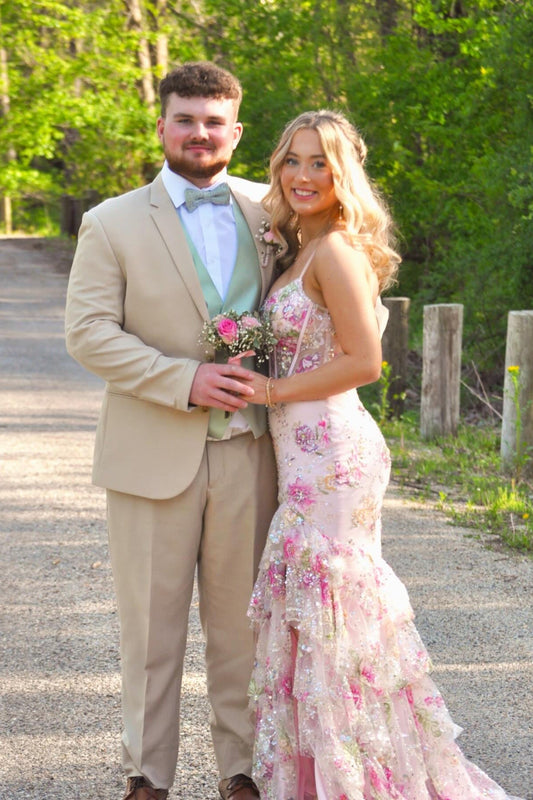 Light Pink Sequin Appliques Tiered Long Dress with Slit