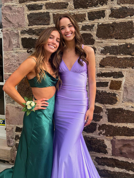 Lilac Elastic Satin V-neck Open Back Mermaid Prom Dress