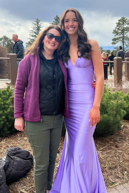 Lilac Elastic Satin V-neck Open Back Mermaid Prom Dress