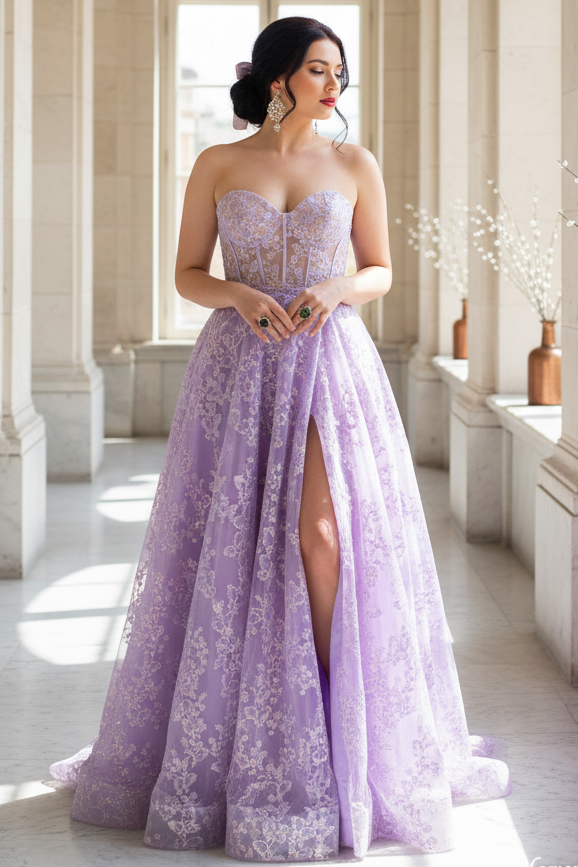 Lilac Lace Corset Sweetheart Strapless A-line Prom Dress