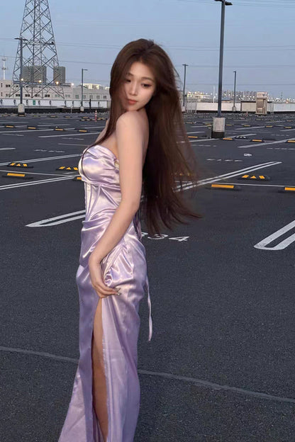 Lilac Silk Satin High Slit Lace Up Back Sheath Prom Dress