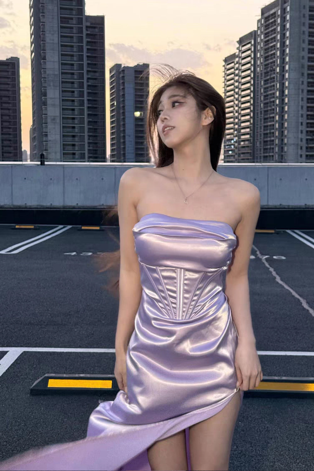 Lilac Silk Satin High Slit Lace Up Back Sheath Prom Dress