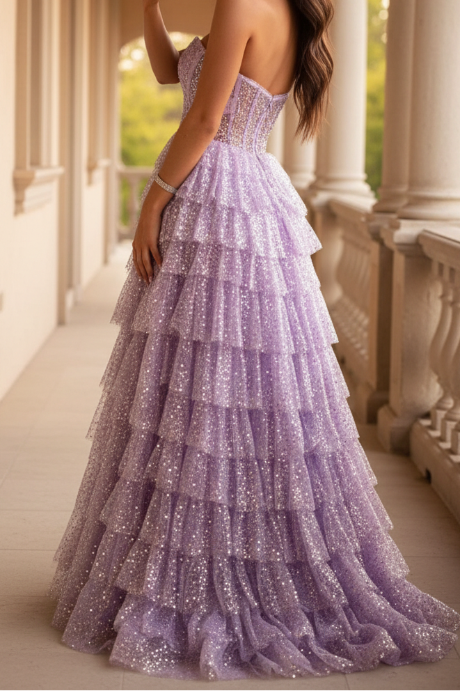 Princess A Line Sweetheart Lilac Corset Prom Dress with Ruffles