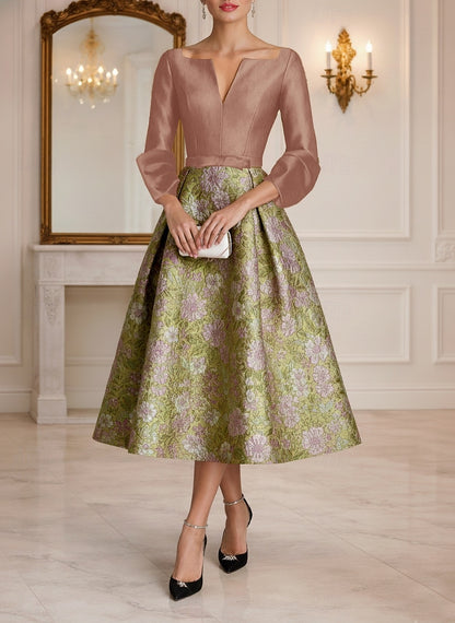 Floral Jacquard A-Line Tea-Length Dress with Bishop Sleeves