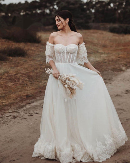 Lace See Through Corset Boho Wedding Dress With Sleeves