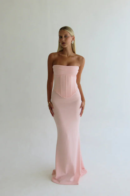 Pink Tube Top Sleeveless Corset Sheath Prom Dress
