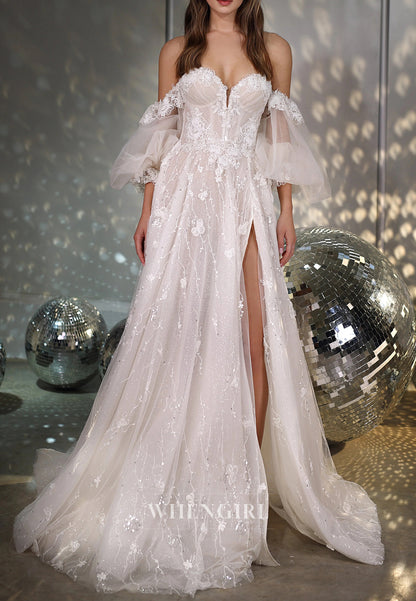 A-Line Sweetheart Short Sleeves Appliqued Lace Side Slit Court Train Wedding Dress