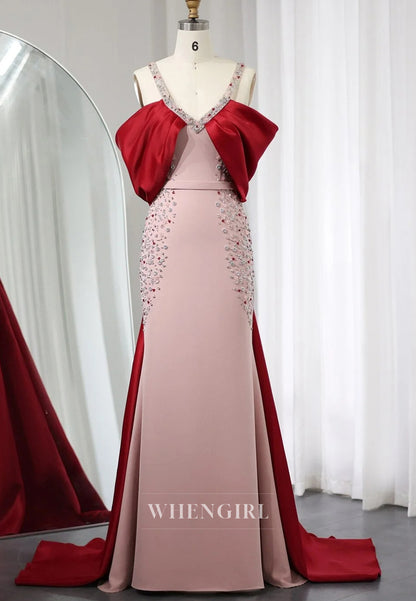 Luxury Dusty Pink V Neck Beaded Straps Back Zipper Column Formal Dress with Red Train