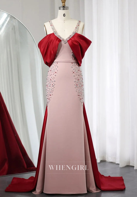 Luxury Dusty Pink V Neck Beaded Straps Back Zipper Column Formal Dress with Red Train