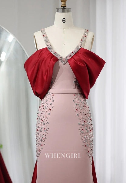 Luxury Dusty Pink V Neck Beaded Straps Back Zipper Column Formal Dress with Red Train