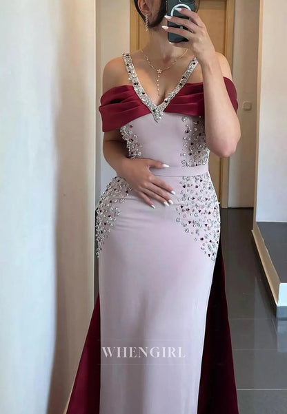 Luxury Dusty Pink V Neck Beaded Straps Back Zipper Column Formal Dress with Red Train