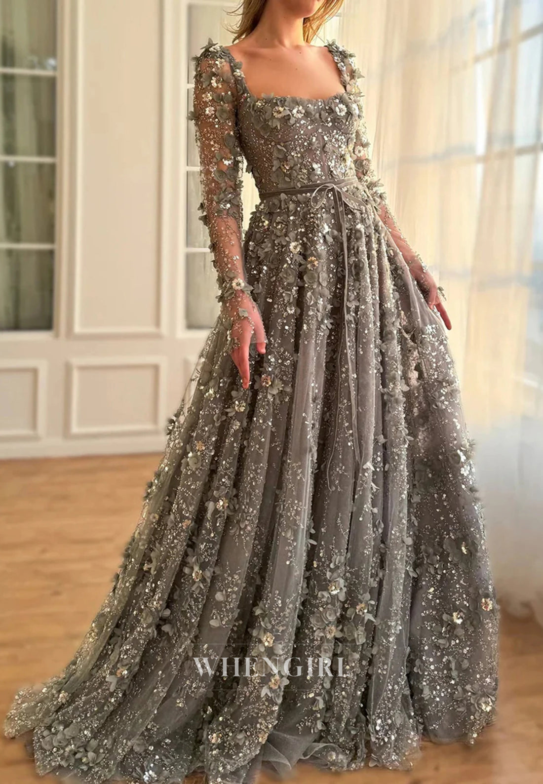 A-Line Square Neck Long Sleeves Floral Lace Up Beaded Formal Evening Gown