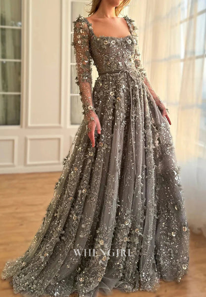 A-Line Square Neck Long Sleeves Floral Lace Up Beaded Formal Evening Gown