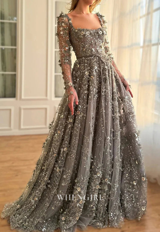 A-Line Square Neck Long Sleeves Floral Lace Up Beaded Formal Evening Gown