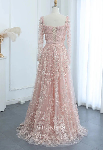 A-Line Square Neck Long Sleeves Floral Lace Up Beaded Formal Evening Gown