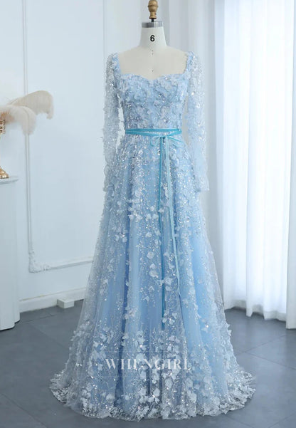 A-Line Square Neck Long Sleeves Floral Lace Up Beaded Formal Evening Gown
