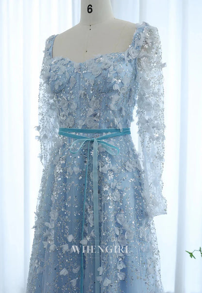 A-Line Square Neck Long Sleeves Floral Lace Up Beaded Formal Evening Gown
