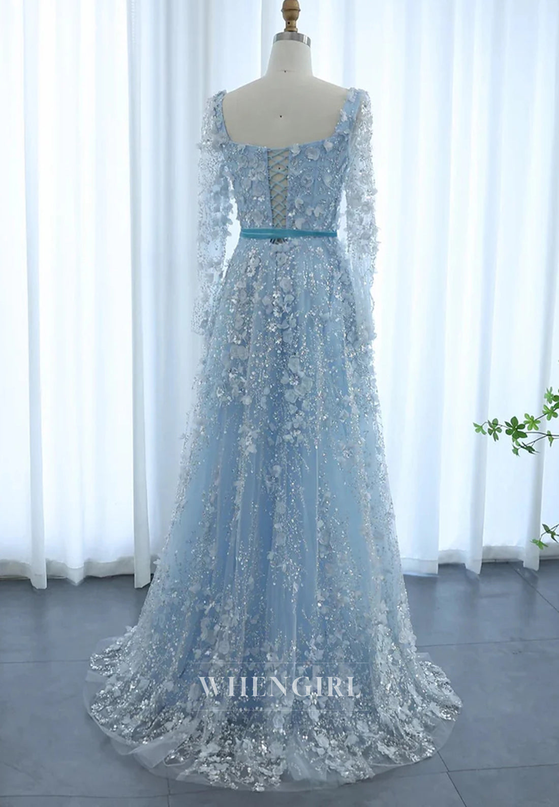 A-Line Square Neck Long Sleeves Floral Lace Up Beaded Formal Evening Gown