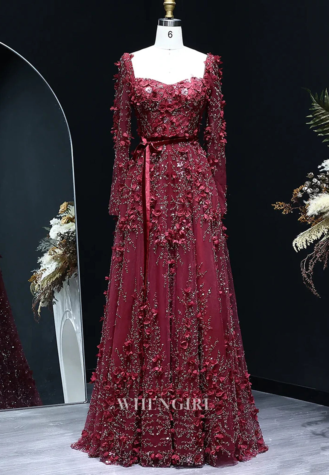 A-Line Square Neck Long Sleeves Floral Lace Up Beaded Formal Evening Gown
