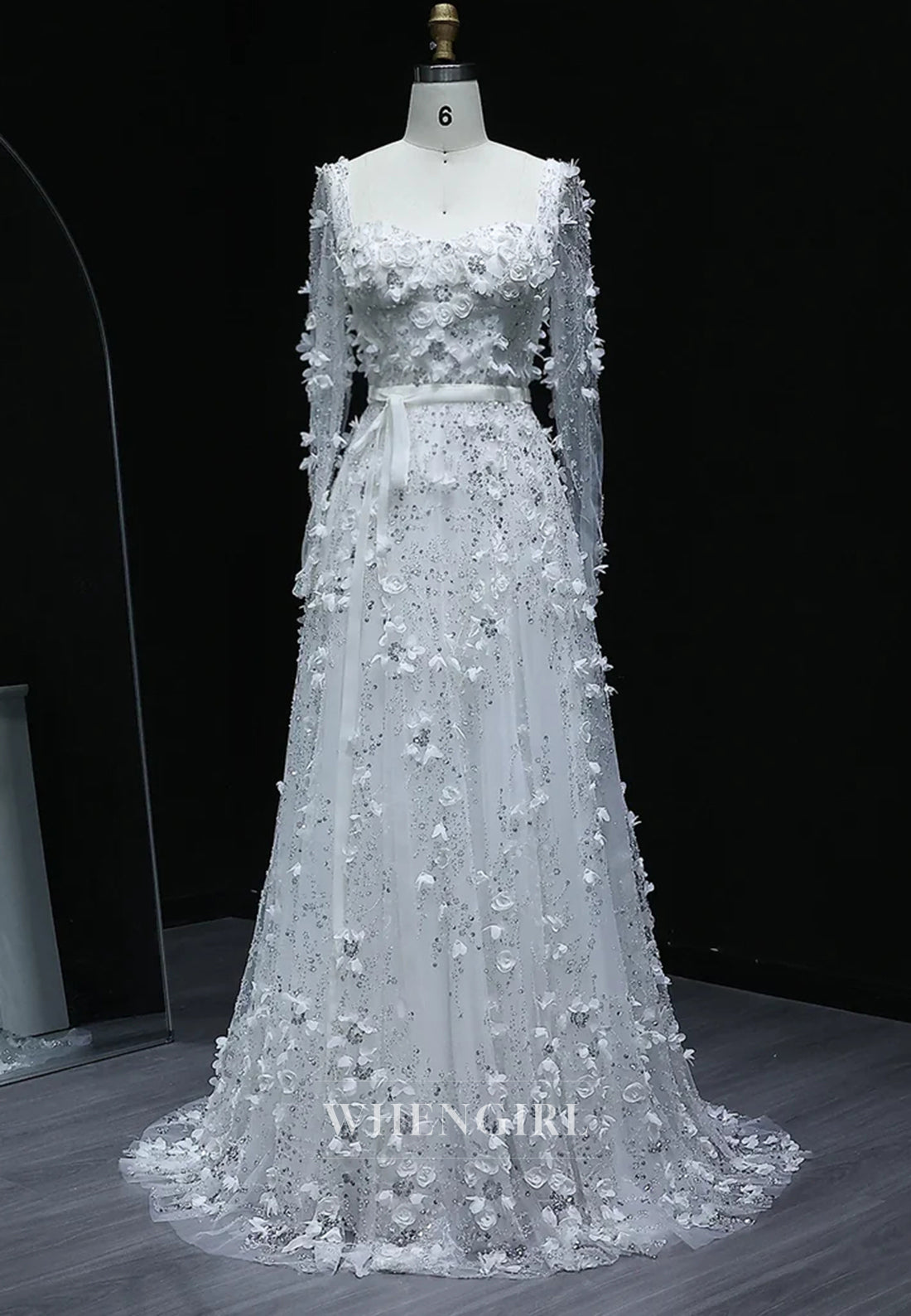 A-Line Square Neck Long Sleeves Floral Lace Up Beaded Formal Evening Gown
