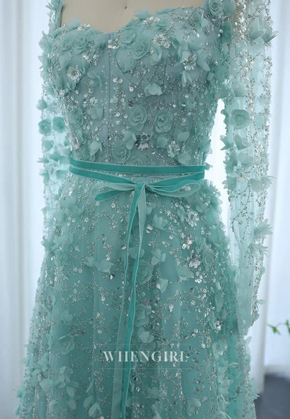 A-Line Square Neck Long Sleeves Floral Lace Up Beaded Formal Evening Gown