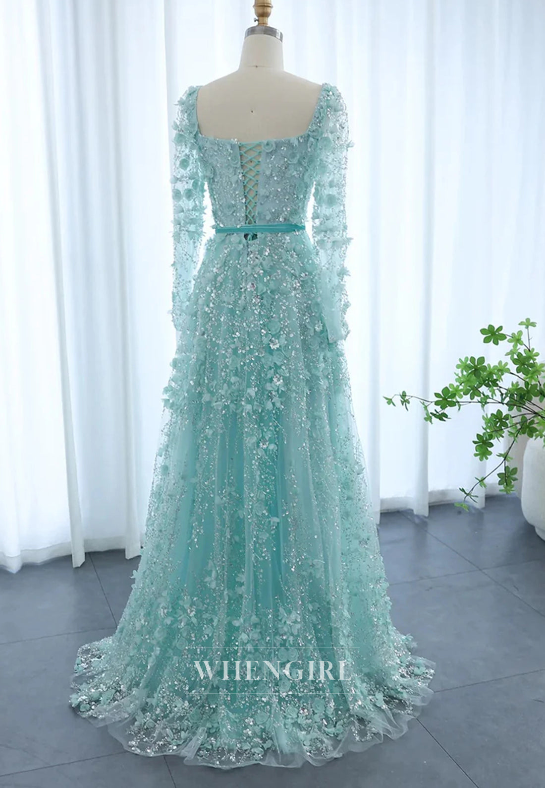 A-Line Square Neck Long Sleeves Floral Lace Up Beaded Formal Evening Gown