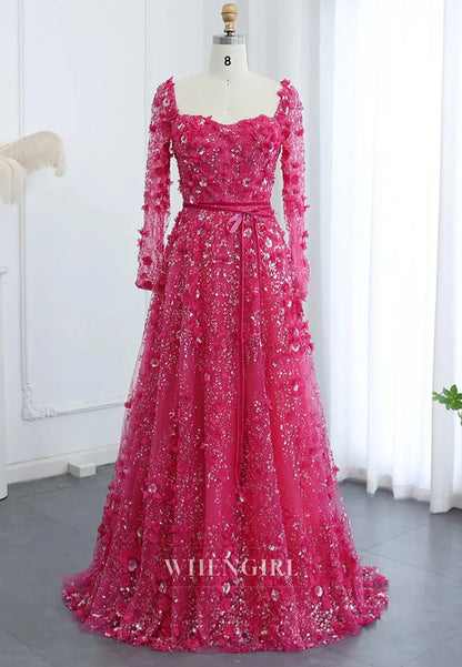 A-Line Square Neck Long Sleeves Floral Lace Up Beaded Formal Evening Gown