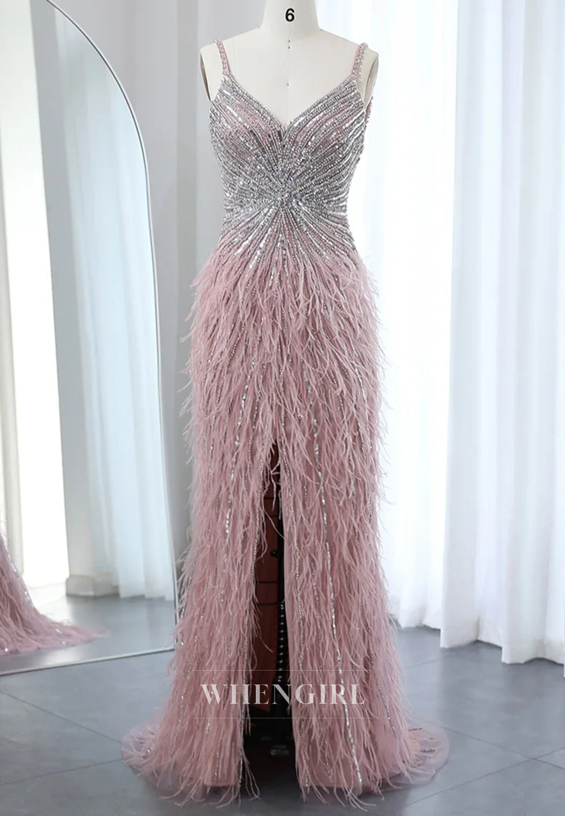 Sheath Feather Beaded V Neck Sleeveless Slit Evening Formal Dress