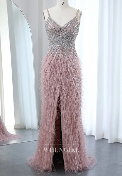 Sheath Feather Beaded V Neck Sleeveless Slit Evening Formal Dress