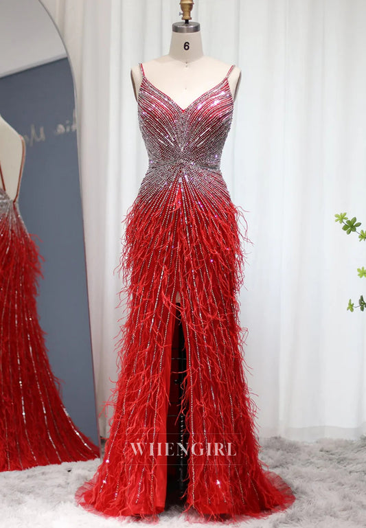 Sheath Feather Beaded V Neck Sleeveless Slit Evening Formal Dress