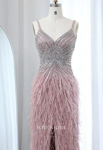 Sheath Feather Beaded V Neck Sleeveless Slit Evening Formal Dress