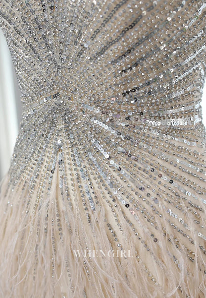 Sheath Feather Beaded V Neck Sleeveless Slit Evening Formal Dress