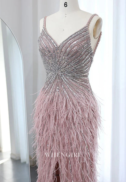 Sheath Feather Beaded V Neck Sleeveless Slit Evening Formal Dress