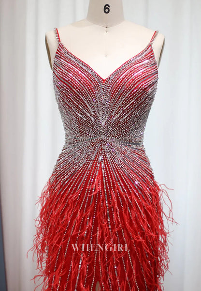 Sheath Feather Beaded V Neck Sleeveless Slit Evening Formal Dress