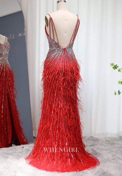 Sheath Feather Beaded V Neck Sleeveless Slit Evening Formal Dress