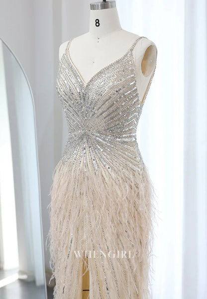 Sheath Feather Beaded V Neck Sleeveless Slit Evening Formal Dress