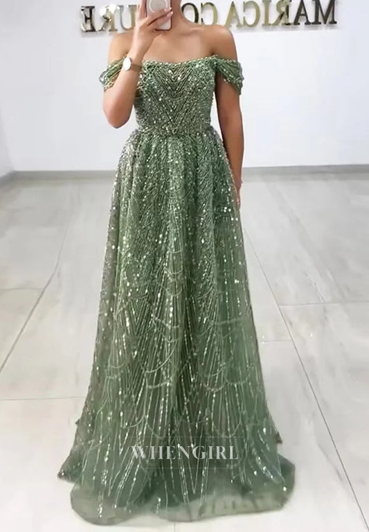 A-Line Sparkly Off Shoulder Beaded Evening Formal Dress