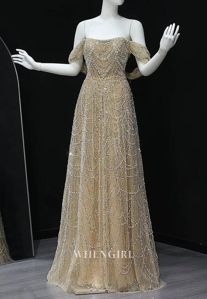 A-Line Sparkly Off Shoulder Beaded Evening Formal Dress