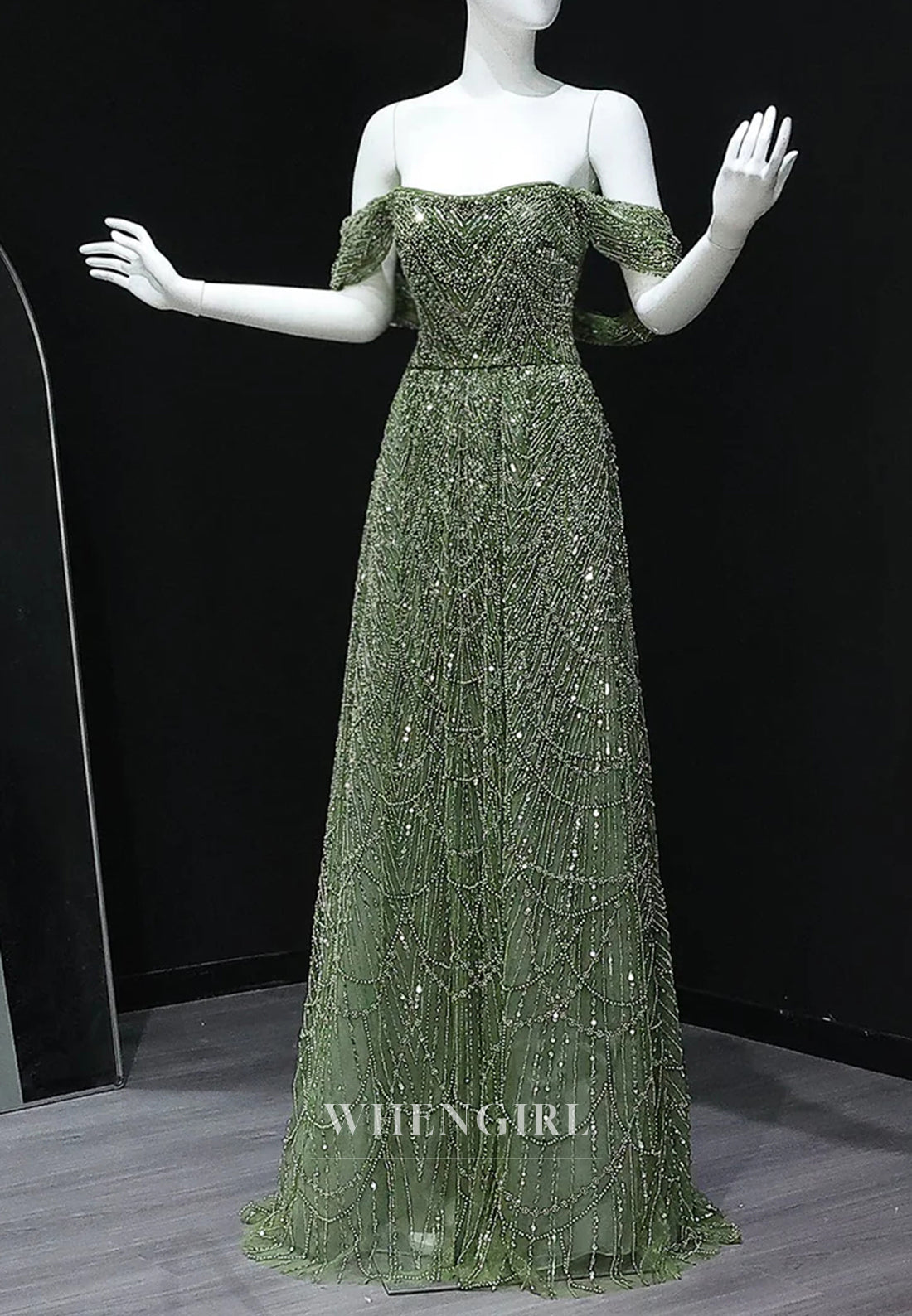 A-Line Sparkly Off Shoulder Beaded Evening Formal Dress